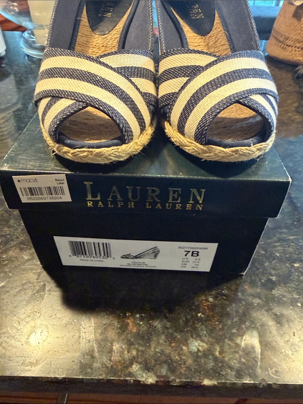 Lauren Ralph Lauren Navy and Cream Striped Wedge Espadrilles